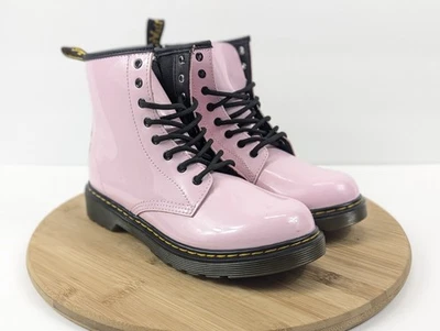 Botas de combate femininas Dr Martens 5 rosa couro envernizado Doc DM com zíper com cadarço 1460 J - Imagem 1 de 4
