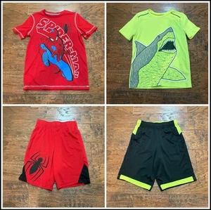 Jumping Beans Boys Sz 7 Shark & Spider-Man Shirt Shorts 4pc LOT Red Yellow, B#24 - Picture 1 of 13