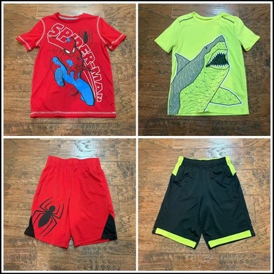 Jumping Beans Boys Sz 7 Shark & Spider-Man Shirt Shorts 4pc LOT Red Yellow, B#24 - Image 1 of 4