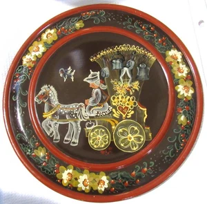 Vintage Folk Art Hdpainted Rosemaling Wood Plate 15.5" Horse Buggy Coach - Picture 1 of 12