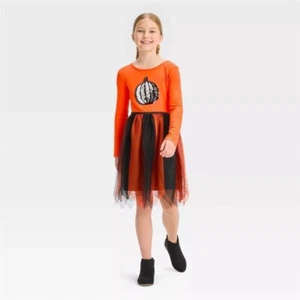L 10/12 Girls Long Sleeve Flip Sequin Pumpkin Halloween Tulle Dress - Cat & Jack - Picture 1 of 2