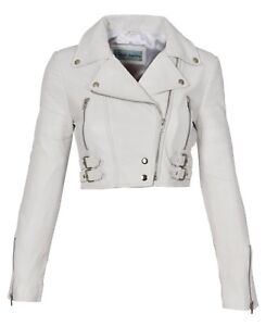 White Leather Womens Biker Jacket Short Cropped Fitted Sexy Bolero Bustier Coat