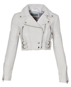 White Leather Womens Biker Jacket Short Cropped Fitted Sexy Bolero Bustier Coat - Picture 1 of 9