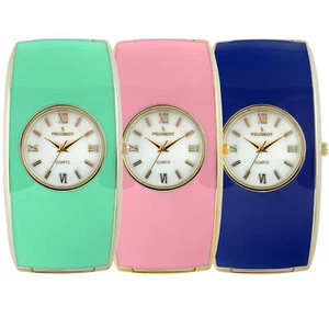 Women's Cuff Bangle Dress Jewelry Watch - 14K Gold Plated Enamel by Peugeot - Picture 1 of 14
