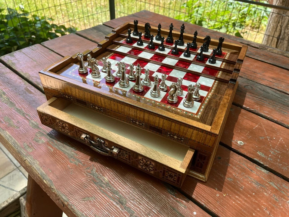 Luxury Handmade Wooden Chess Set with Drawer | Metal Chess Pieces | 13"x13" - Image 1 of 4