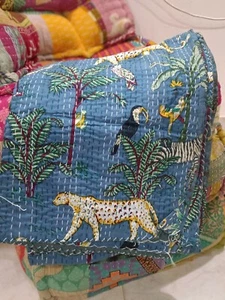 Indian handmade Bedspread Cotton kantha Quilt Gray Colour Jungle Print Blanket - Picture 1 of 6