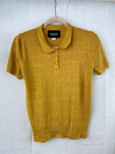 Collectif Jumper Top Size UK 10 S Knit Mustard Yellow Short Sleeve Vintage - Picture 1 of 15