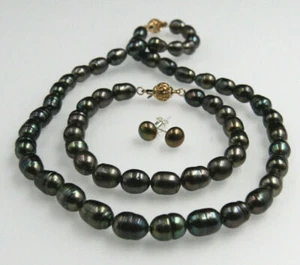 8x10 mm baroque tahitian black green pearl necklace Bracelet Earring 18"8" 14K g - Picture 1 of 6