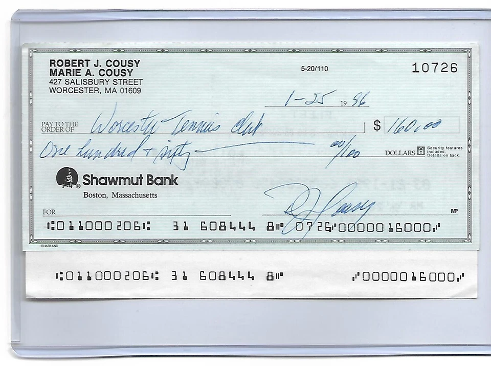 Cheque bancario personal firmado por Bob Cousy 1996 autógrafo del club de tenis Worcester Foto 1 de 1