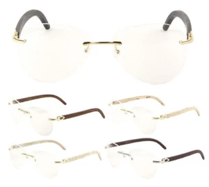 RIMLESS METAL FAUX WOOD PILOT AVIATOR SUNGLASSES CLEAR LENSES RETRO DESIGNER VTG - Picture 1 of 7