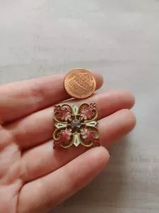 Vintage brass guilloche enamel button cut steel coptic cross square red white - Picture 1 of 5