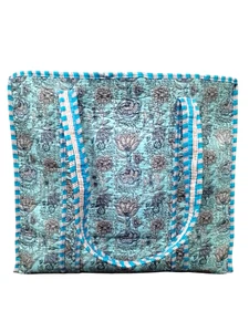 Bolso Boho Hecho a Mano Azul Acolchado Algodón Floral Estampado India Bolsas de Compras. - Imagen 1 de 3