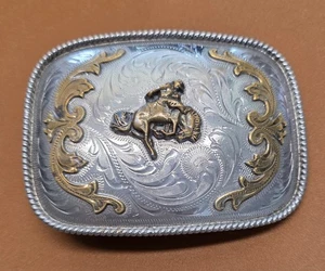 Vintage Mexiko Alpaka Rodeo Cowboy Reiten Bucking Bronco Gürtelschnalle 3-1/2" x 2-1/2" - Bild 1 von 4
