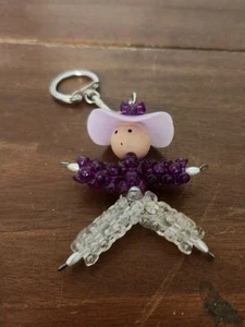 Vintage Beaded Purple Lady with Purple Hat Wooden Head Key Chain - Picture 1 of 3