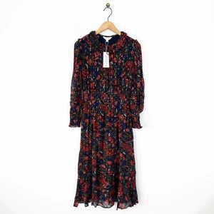 M&S Per Una Red Floral Midi Dress Size 8 NEW Gold Foil Ruffle Long Sleeve - Picture 1 of 18