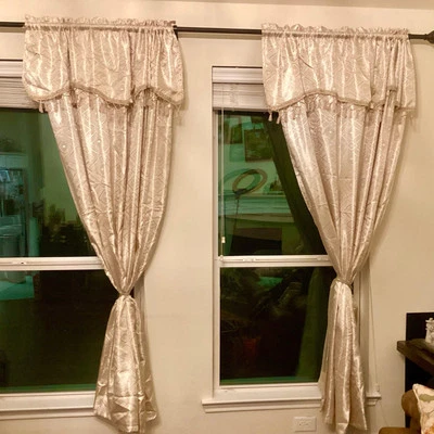 Gold Satin Double Curtains w/ Attached Valance - Image 1 of 4