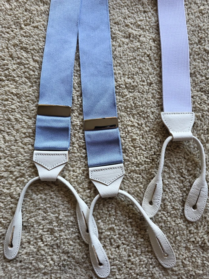 Tirantes Albert Thurston Para Hombre Cuero Azul y Blanco Seda Hechos en Inglaterra Foto 1 de 4