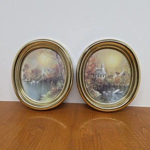 2 Vintage 1986 Homco Kunststoff Gold Oval Gerahmt Kirche See Wasser Wandbilder - Bild 1 von 8