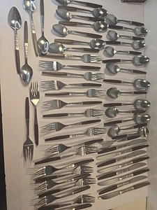 Vintage INTERPUR Stainless Steel Wood Handles Scroll MCM Canoe Flatware 54 PCS - Picture 1 of 18