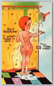 Quit Gawking! Nude Woman In Shower, Risque Linen Art Postcard Signed H Dean - Picture 1 of 2