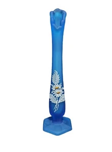 Westmoreland blau mattiertes satiniertes Glas handbemalt weiß Gänseblümchen Vase 10" hoch - Bild 1 von 10