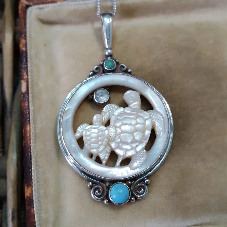 Sajen 925 Sterling Silver Necklace, Mother Of Pearl, Turquoise Turtle Pendant - Image 1 of 4