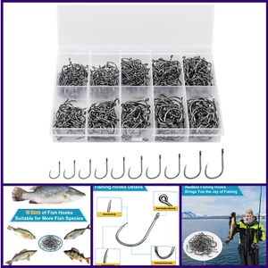 500PCS Fishing Hooks Set 10 Sizes Barbed Carbon Steel w/ Box Fresh/Saltwater - Picture 1 of 8