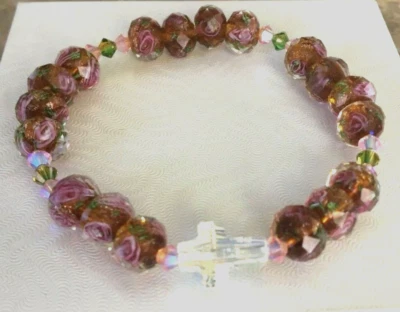 Stretch Bracelet Topaz Glass Beads,Gold-Pink Flower Glass.Cross Swarovski Crysta - Image 1 of 4