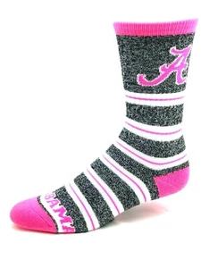 Alabama Crimson Tide Pink and Gray Melange Stripe Crew Socks - Picture 1 of 2
