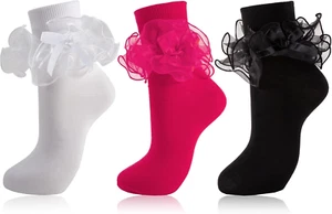 Damen große Rüschen Söckchen doppelte Spitze Rüschen Anzugsocken mit Schleife süß Crew T - Bild 1 von 12