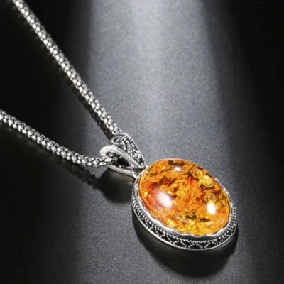 Halskette Kette Edelstahl Ovaler Bernstein Anhänger Antik Damen Modeschmuck  - Bild 1 von 4