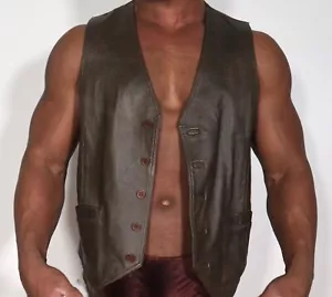 MEN'S BROWN LEATHER BUTTON VEST SIZE LARGE - Picture 1 of 6
