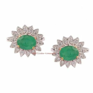 Natural Emerald & CZ Gemstones 925 Sterling Silver Gold Plated Men Cufflinks #90 - Picture 1 of 3