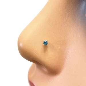 18ct White Or Rose Gold Blue Diamond Nose Stud Pin 0.03ct 4 claw 2mm Width - Picture 1 of 24