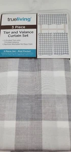 Trueliving 3Pc Tier & Valence 14"x 54" Gray Plaid 36"x27" Curtain Set Kitchen - Picture 1 of 4