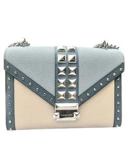 Michael Kors Whitney Md Flap Leather Chain Shoulder Bag Pale Blue Multi Studded - Picture 1 of 20