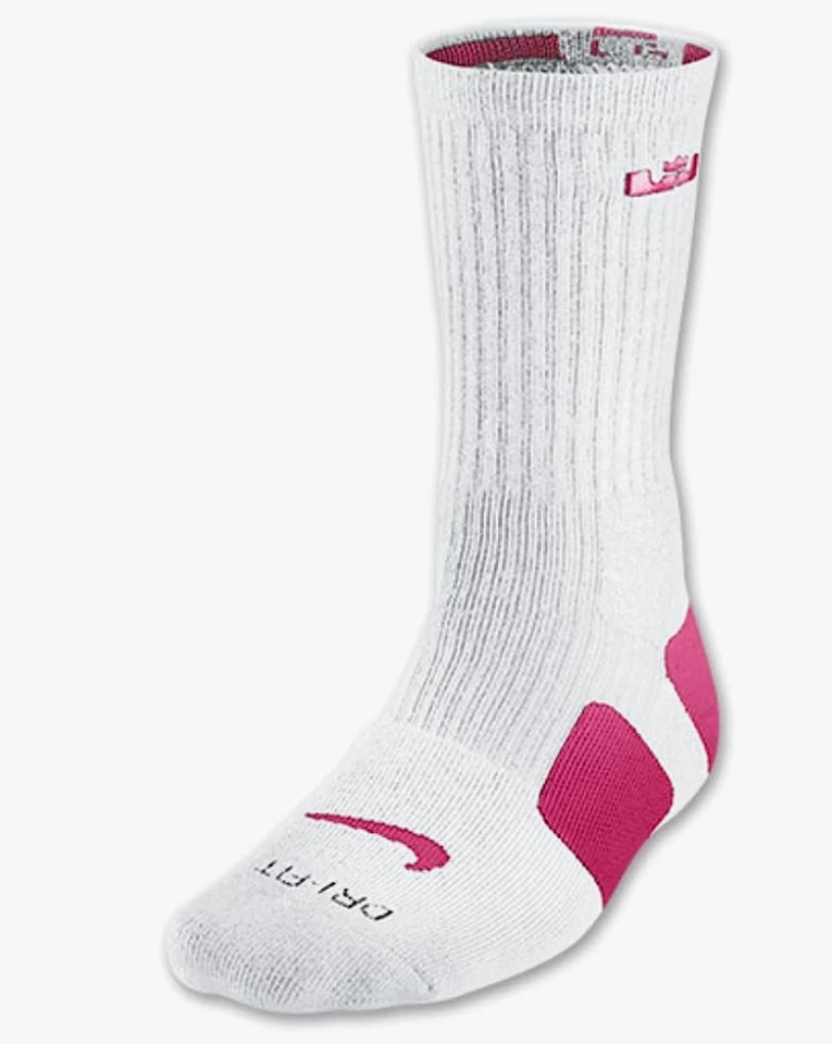 Lebron Nike Elite Crew Basketball Socks - White/Pink - Medium - Breast Cancer - Image 1 of 1