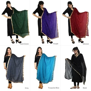 Scarf Dupatta Chunni Golden Lace Beaded Work Semi Chiffon Hijab Party Wear Veil  - Picture 1 of 35