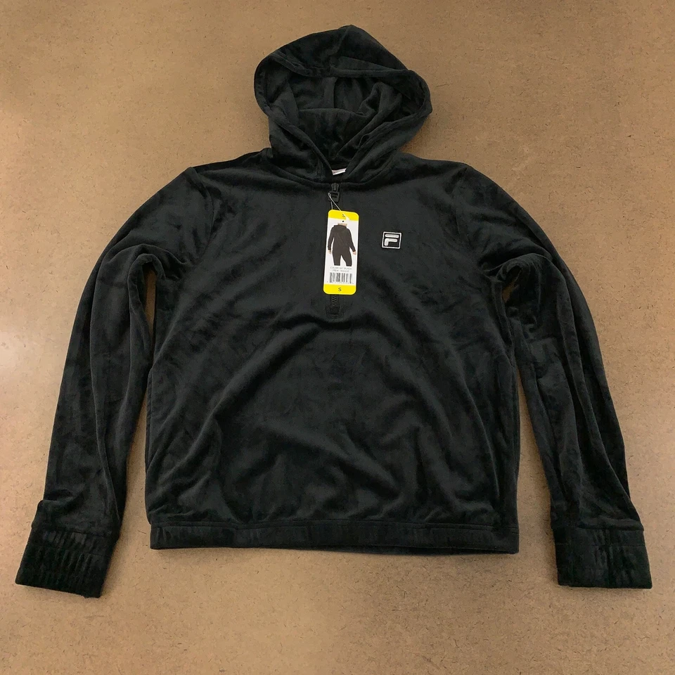 FILA Black Velour 1/4 Zip Long Sleeve Hoodie Womens Size Small