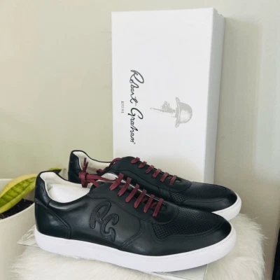 Zapatilla deportiva de cuero Robert Graham Barrelman, cordones negros/rojos de diseñador talla 11,5, nueva con etiquetas Foto 1 de 4