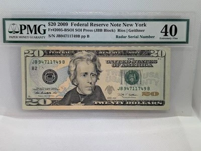 $20 2009 Radar Serial Bill 94711749 PMG 40 NY Federal Reserve Note - Image 1 of 3