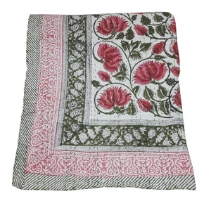 Indian Handmade Cotton Floral Block Print Kantha Quilt Bedspread Blanket Gudri - Picture 1 of 7