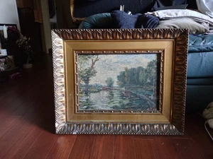 Vintage 50er Jahre? Antikes impressionistisches Gemälde Bäume See Pferd signiert - Bild 1 von 14