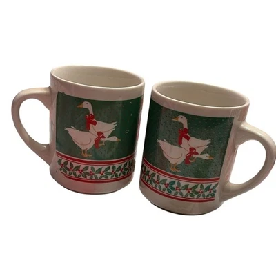 Juego de 2 tazas de té de café decoración navideña vintage de acebo de ganso de Navidad años 80 Foto 1 de 4