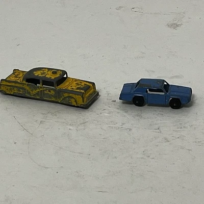 Vintage Midget Toys Yellow Taxi 3” Miniature Metal Car + Mini Blue Tootsie Toy - Image 1 of 4