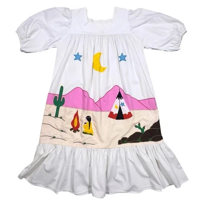 VTG 70s Creaciones Minerva Mexico Folk Art Appliqué Prairie Dress Desert Scene M - Image 1 of 4