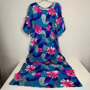 VTG Leola of Hawaii Blue Pink Floral Aloha Hawaiian Maxi Dress Mid-Century L - Picture 1 of 12