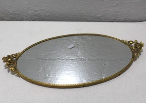 Vtg Oval Handled Mirrored Vanity Dresser Tray Brass Roses Floral Handles - Picture 1 of 11