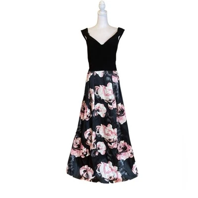 Vestido Xscape Hombro Descubierto Negro Rosa Ilusión Estampado Floral Línea A Mujer Talla 22 Foto 1 de 4