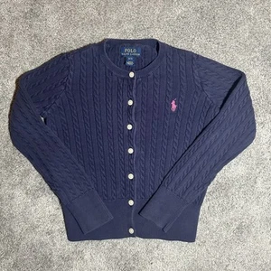 Polo Ralph Lauren Cable Knit Cardigan Girls Small (7) Navy Pink Pony Preppy - Picture 1 of 10